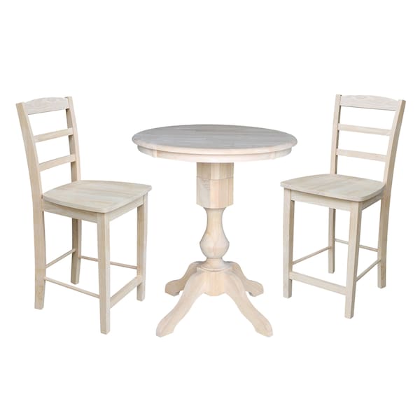 International Concepts Round 30 in Rd Ped Gathering Ht Table, 2 Madrid Counter Ht Stools, Unfinished, 30 W, 30 L, 34.9 in H K-30RT-11P-S402-2 - main